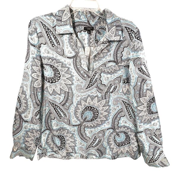 Talbots Paisley Silk Blouse Sz 8 Long Sleeve Turquoise Blue Retro V-Neck Collar - Picture 1 of 11